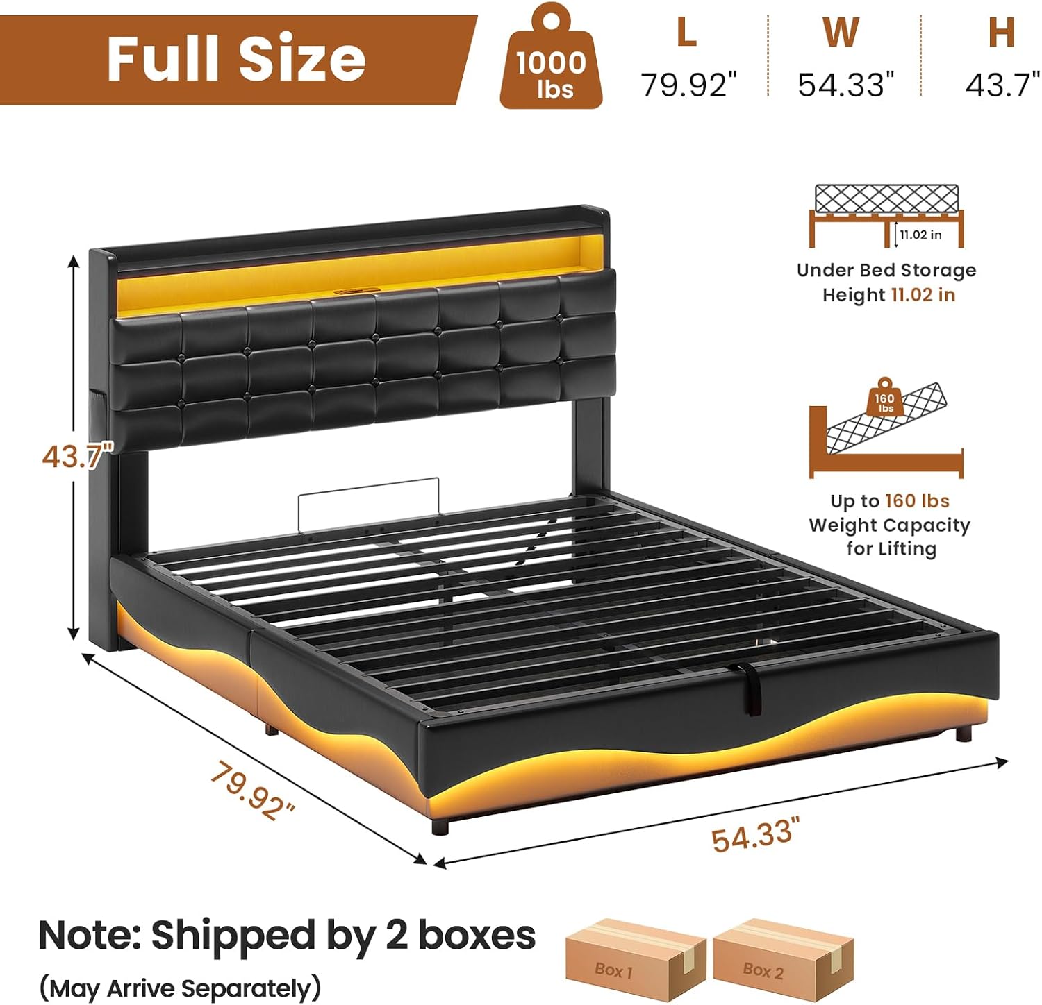 ADORNEVE Lift Up Storage Full Size Bed Frame with Type-C Charging Station& Hidden Storage Headboard, LED Lights Upholstered Platform Bed,Full Bed with Hydraulic, No Box Spring Needed,Black