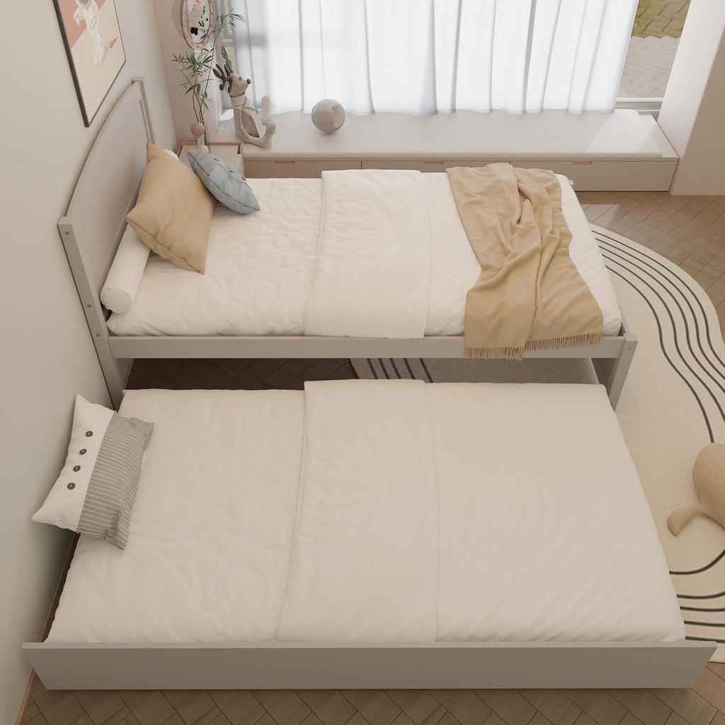 Xilingol Trundle Bed Twin, Solid Wood Beds Frames with Headboard and Wooden Slats Support, Twin Trundle Beds Frame Roll Out, Single Box Bed (No Box Spring Needed), Grey