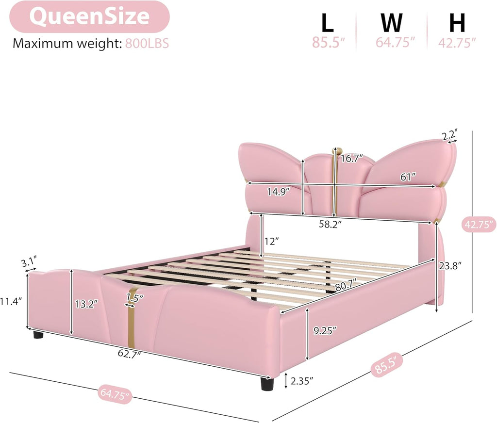 Merax PU Leather Upholstered Platform Bed with Butterfly Shaped Headboard and Footboard, Queen Size Bed Frame for Bedroom, Solid Wood Slats Support, No Box Spring Needed, Easy Assembly, Light Pink