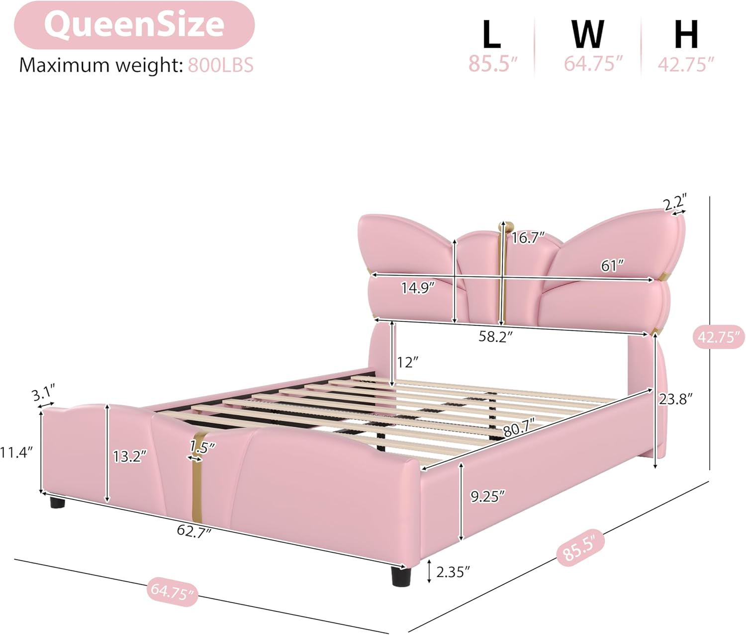 Merax PU Leather Upholstered Platform Bed with Butterfly Shaped Headboard and Footboard, Queen Size Bed Frame for Bedroom, Solid Wood Slats Support, No Box Spring Needed, Easy Assembly, Light Pink