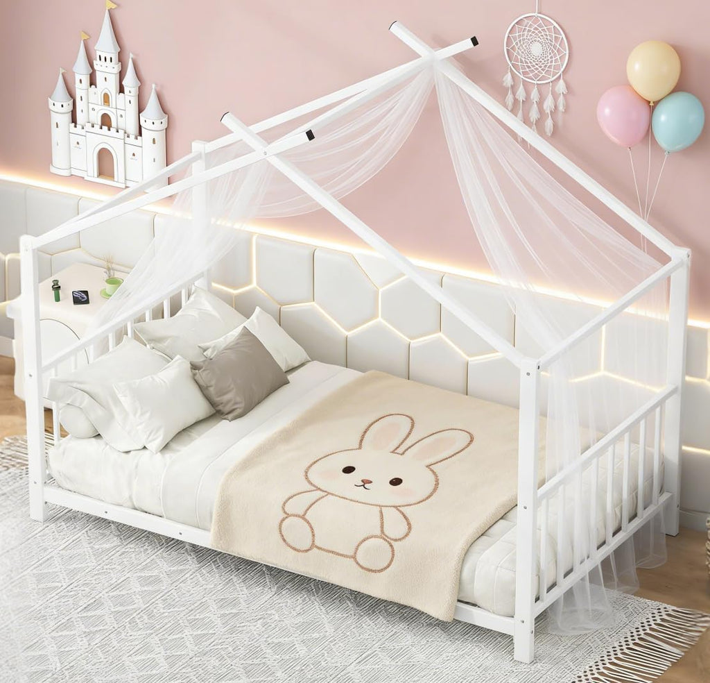 Bellemave Twin Size House Floor BedFrame for Kids, Metal Montessori Beds with slats, Twin House Beds for Kids Girls Boys, Wash White