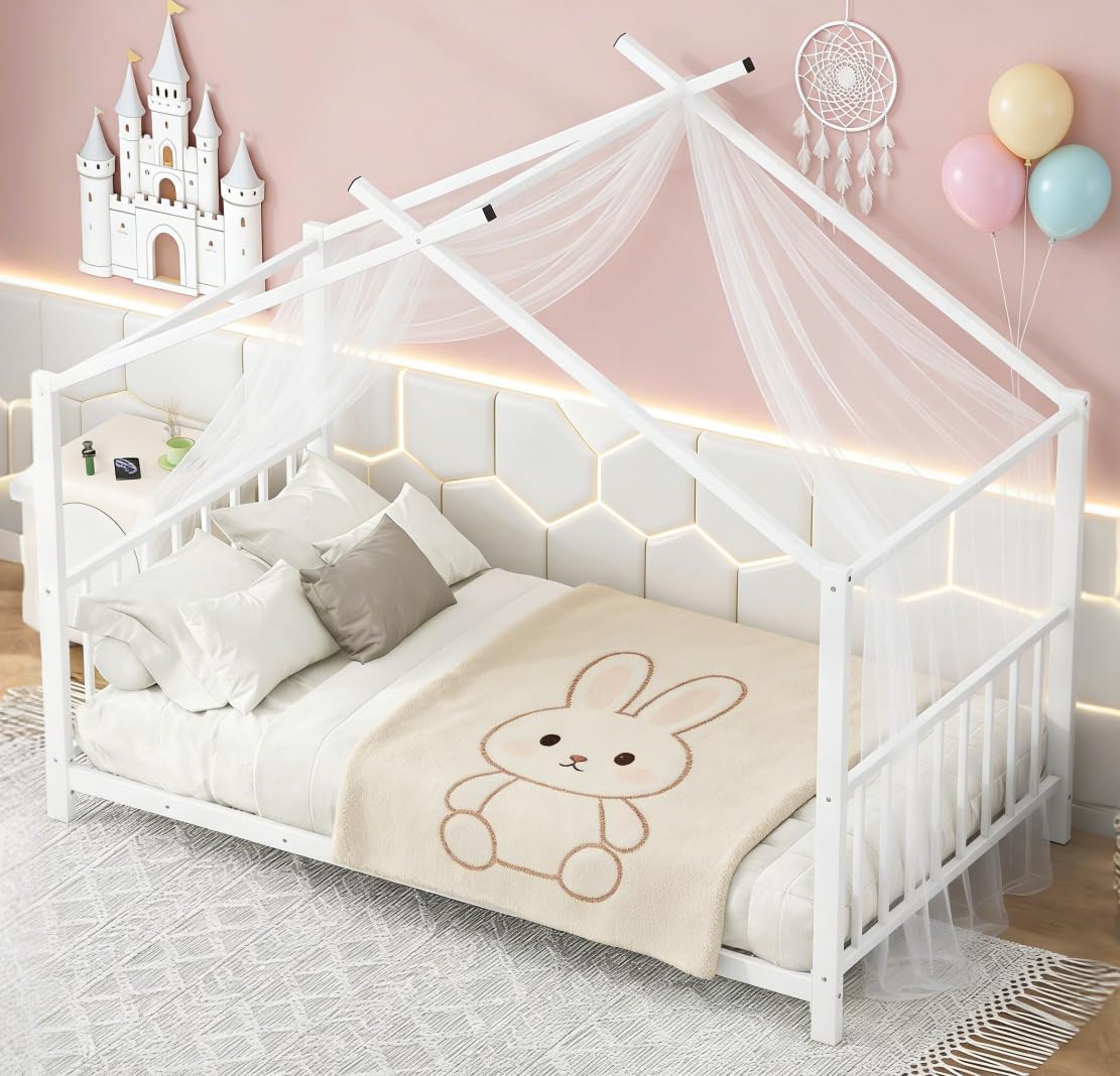 Bellemave Twin Size House Floor BedFrame for Kids, Metal Montessori Beds with slats, Twin House Beds for Kids Girls Boys, Wash White