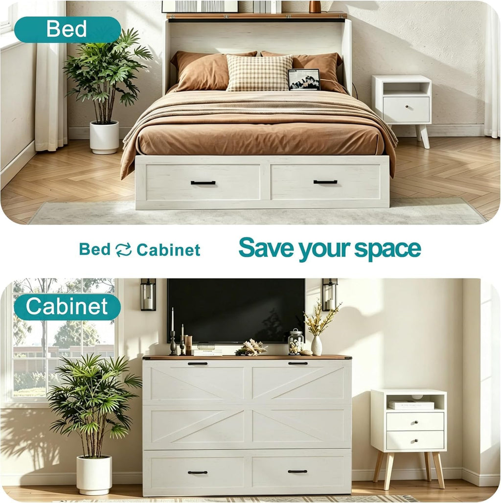 Full Murphy Bed Cabinet with Charging Station and Storage, Farmhouse Foldable Platform Bed for Bedroom, Living Room, Guest Bedroom,Home Office,Rutic White (Full Size)