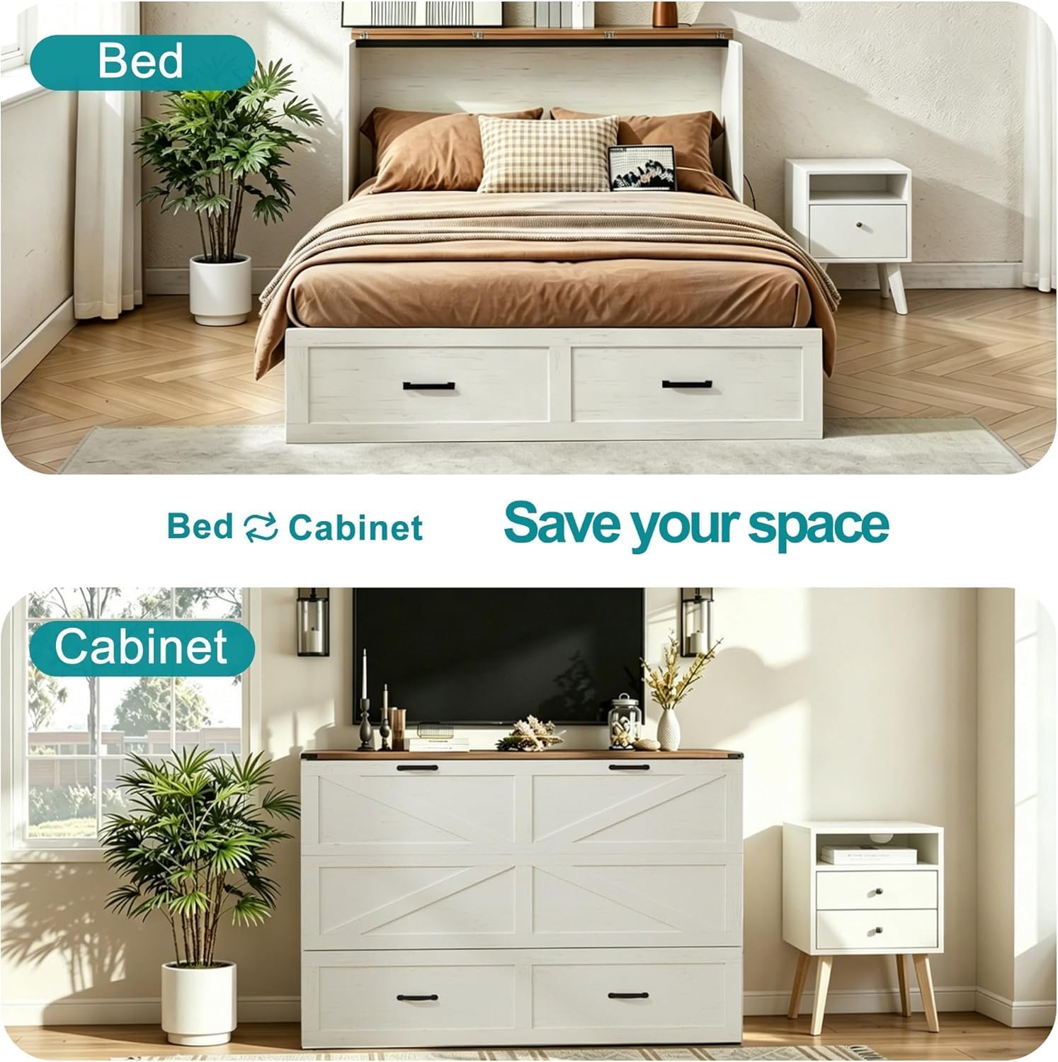 Full Murphy Bed Cabinet with Charging Station and Storage, Farmhouse Foldable Platform Bed for Bedroom, Living Room, Guest Bedroom,Home Office,Rutic White (Full Size)