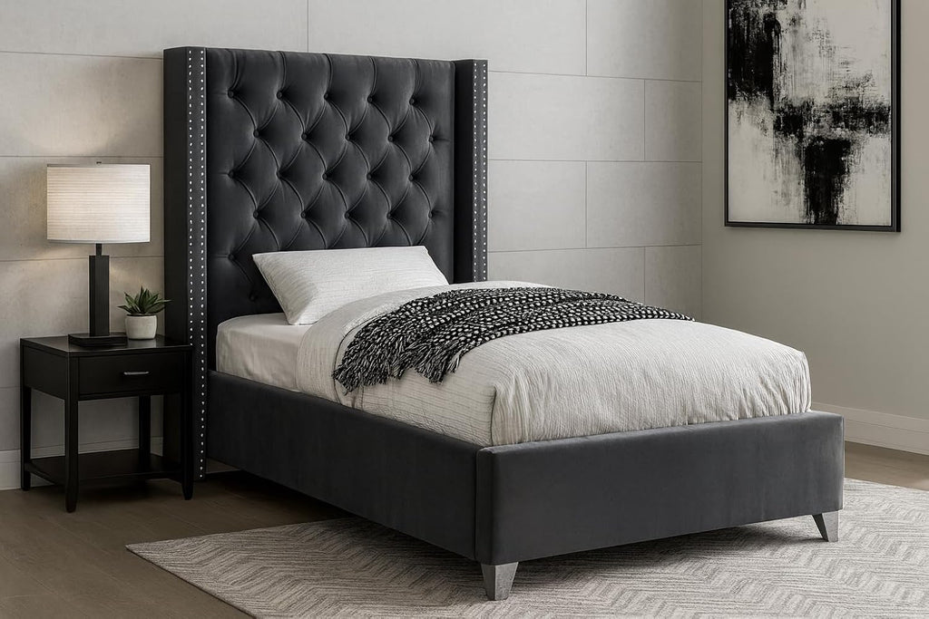 Meridian Furniture Aiden Collection Modern | Contemporary Velvet Upholstered Bed with Deep Button Tufting, Solid Wood Frame, and Custom Chrome Legs, Twin, Grey
