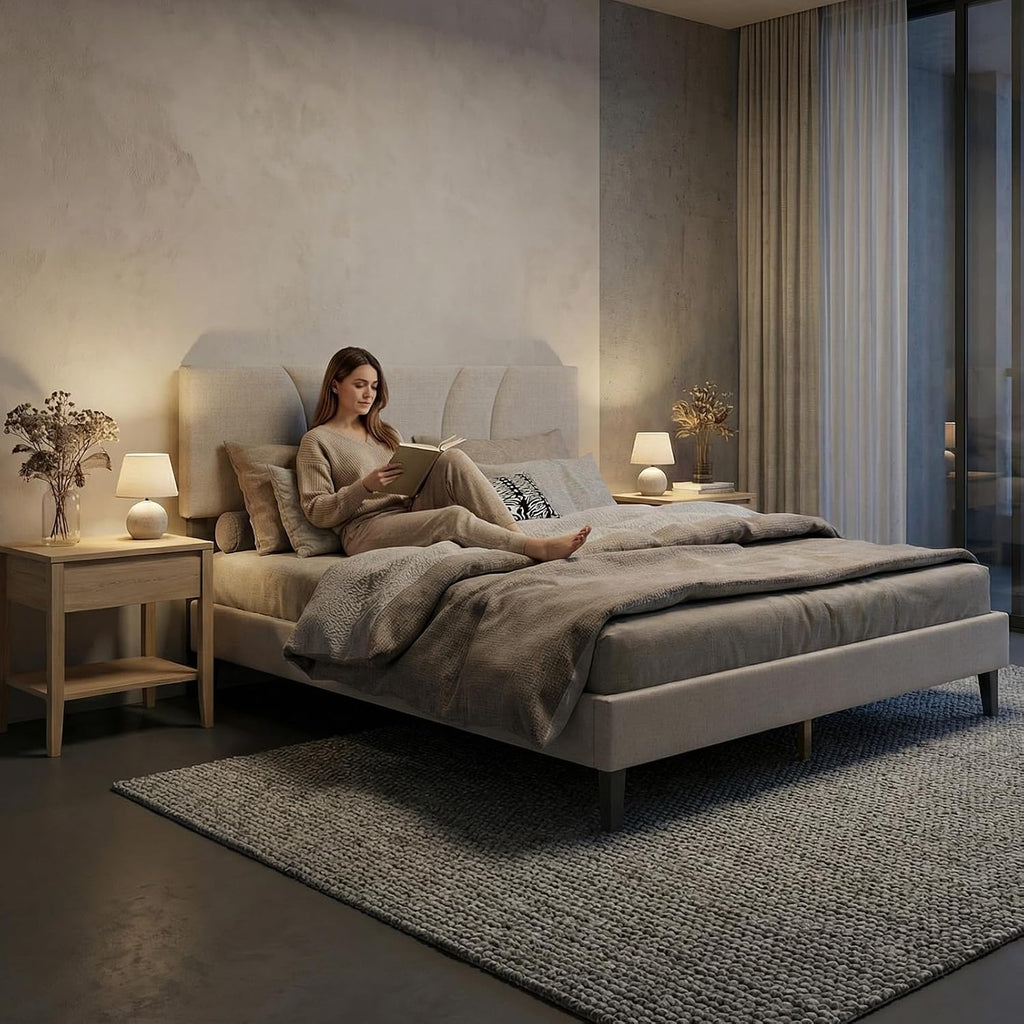EVLIQUIL Platform Bed Frame Queen Size with Fabric Upholstered Headboard and Wooden Slats Support, Fully Upholstered Mattress Foundation, No Box Spring Needed & Easy Assembly, Beige