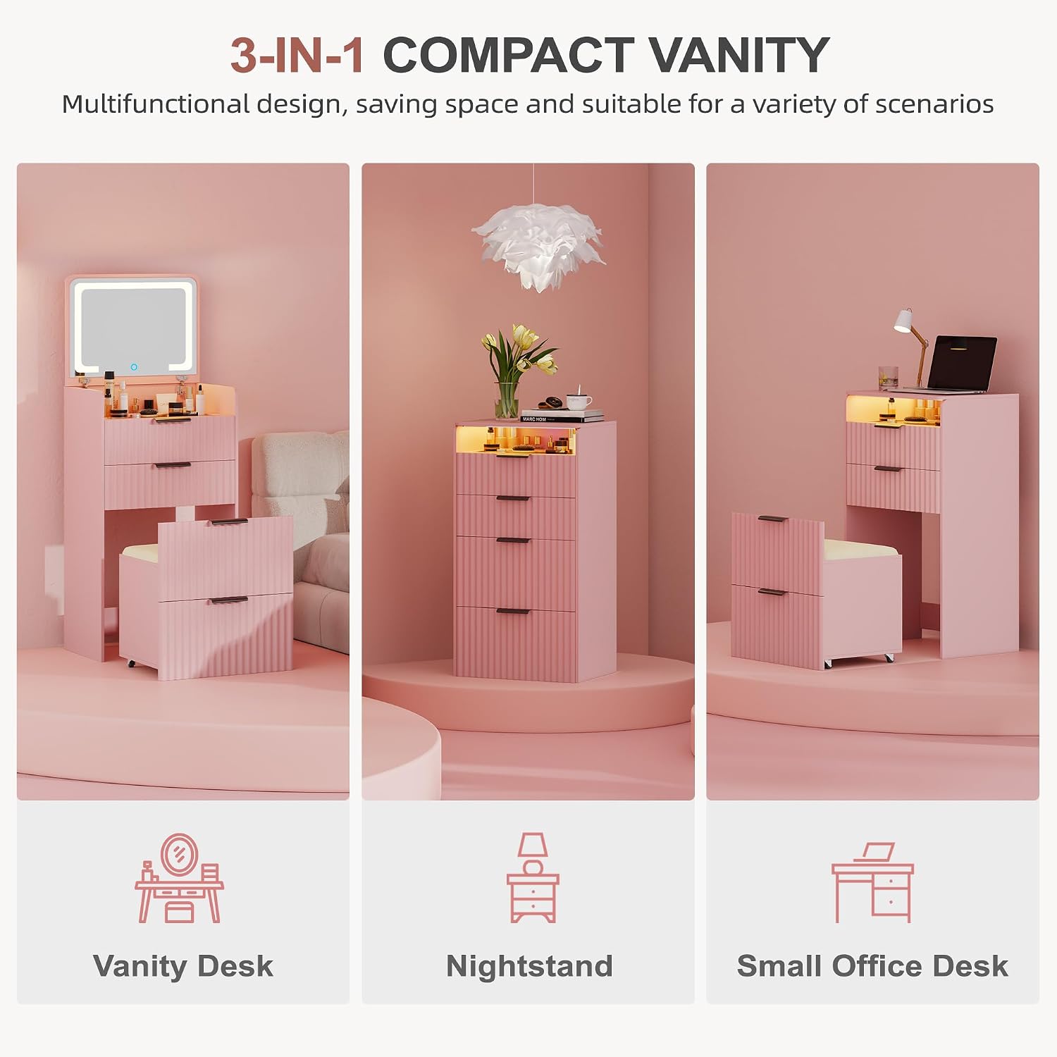 Lvifur 3 in 1 Small Vanity Desk with Plip Top Mirror,Makeup Vanity Set with Visible Glass Desktop,Compact Vanity with 3 Drawers,Storage Compartment and Padded Stool,Dressing Table for Bedroom,Pink