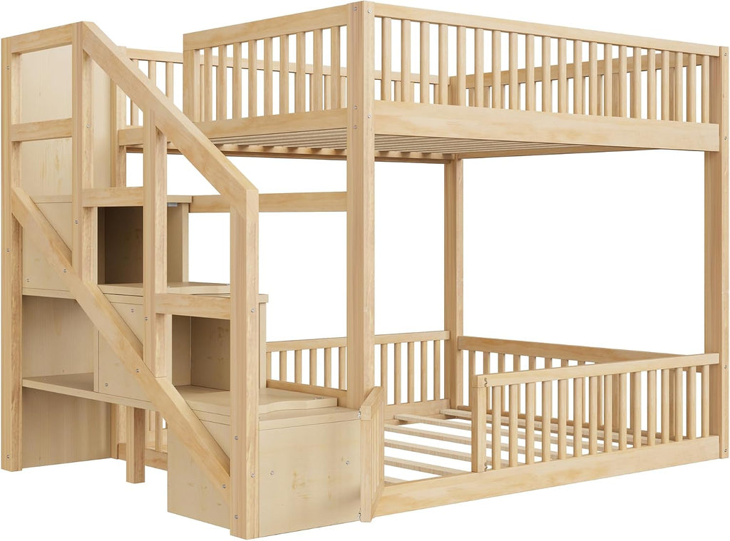 Full Over Full Floor Bunk Bed with Storage Ladder and Guardrails,for Kids Teens Adults (Natural#FF, Full Over Full)