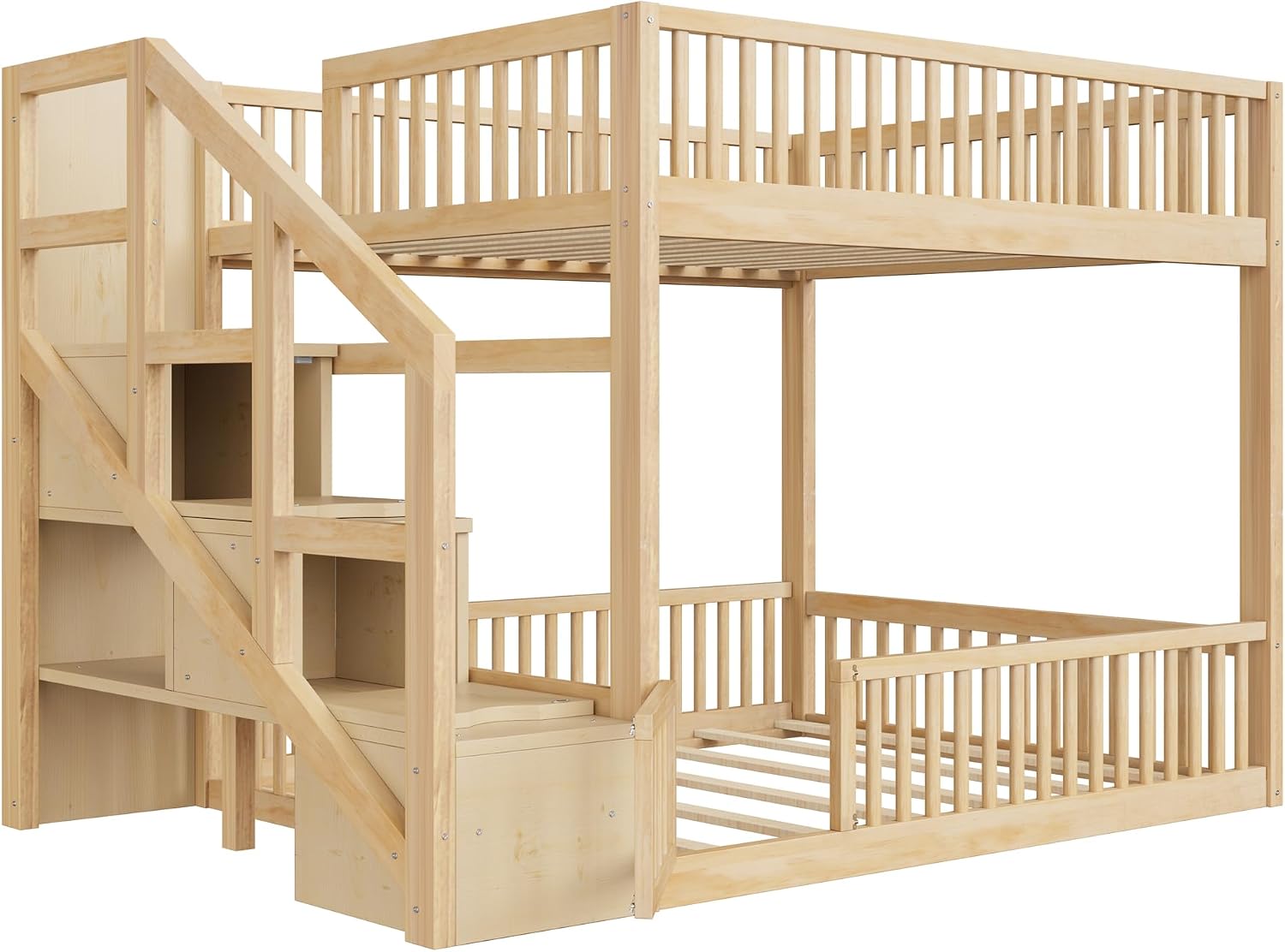 Full Over Full Floor Bunk Bed with Storage Ladder and Guardrails,for Kids Teens Adults (Natural#FF, Full Over Full)