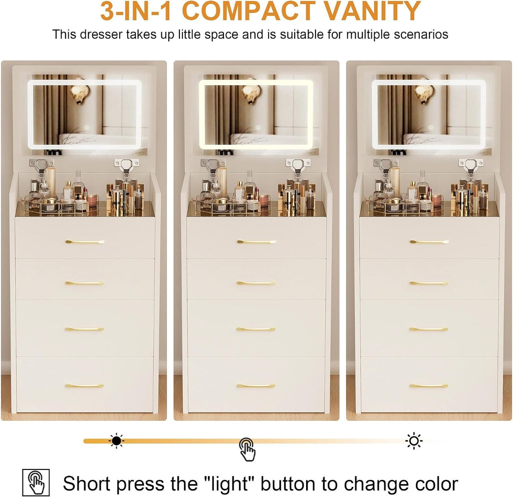 3 in 1 Vanity Desk with Open Top Mirror,Small Make Up Vanitys Set with Visible Glass Desktop,Compact Makeup Vanity with 3 Drawers,Dressing Table for Bedroom
