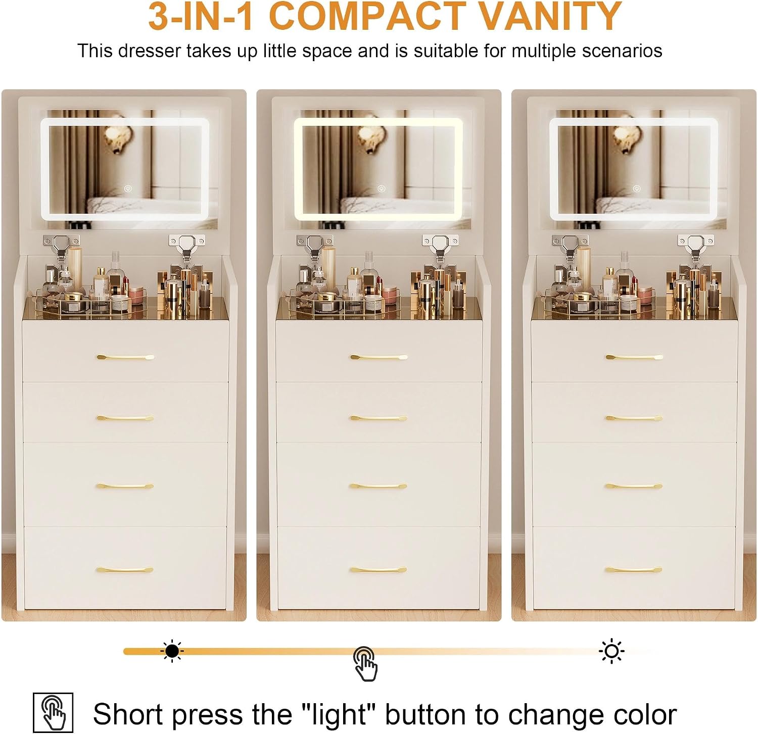 3 in 1 Vanity Desk with Open Top Mirror,Small Make Up Vanitys Set with Visible Glass Desktop,Compact Makeup Vanity with 3 Drawers,Dressing Table for Bedroom