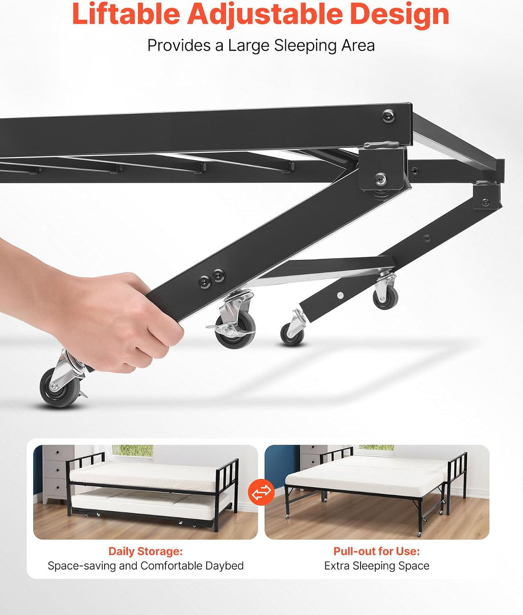 VEVOR Twin Size Daybed Frame, Day Bed with Trundle, Heavy Duty Metal Platform Bed Frame, Twin Daybed with Metal Slats Support for Living Room, Bedroom, Guest Room, Easy Assembly, Black