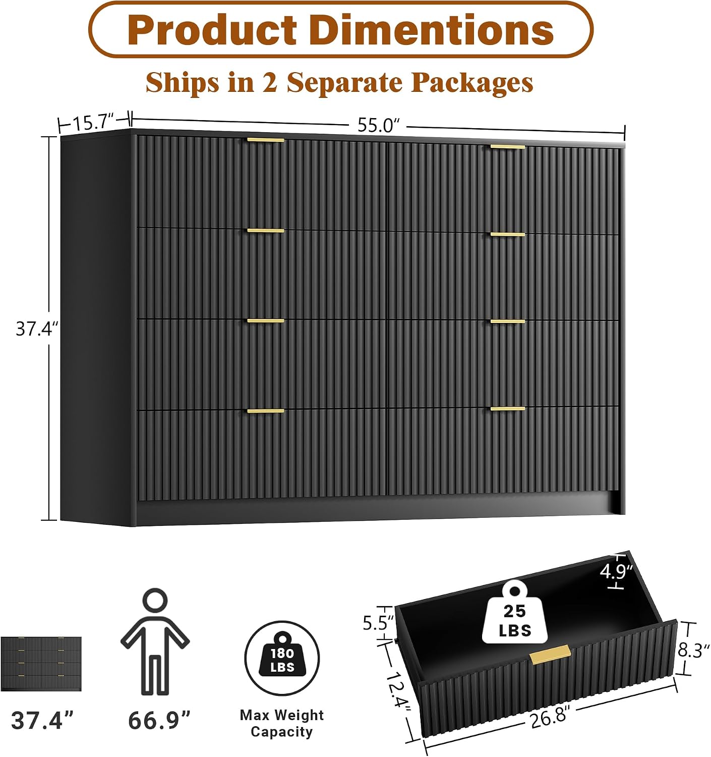 Furniway Black Dresser for Bedroom, 8 Drawer Wide Dresser with Smooth Slides, Modern Chest of Drawers with Gold Handles, Wood Storage Organizer for Closet