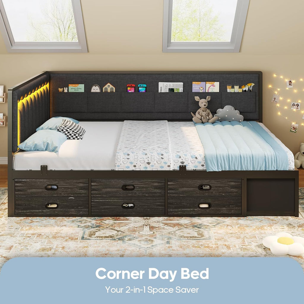 ADORNEVE Full Corner Bed Frame with 8 Drawers, 6 Storage Pockets, Full Daybed with Storage and RGB Wave Lights, Platform Bed with L-Shaped Upholstered Guardrail for Kids Teen,Grey