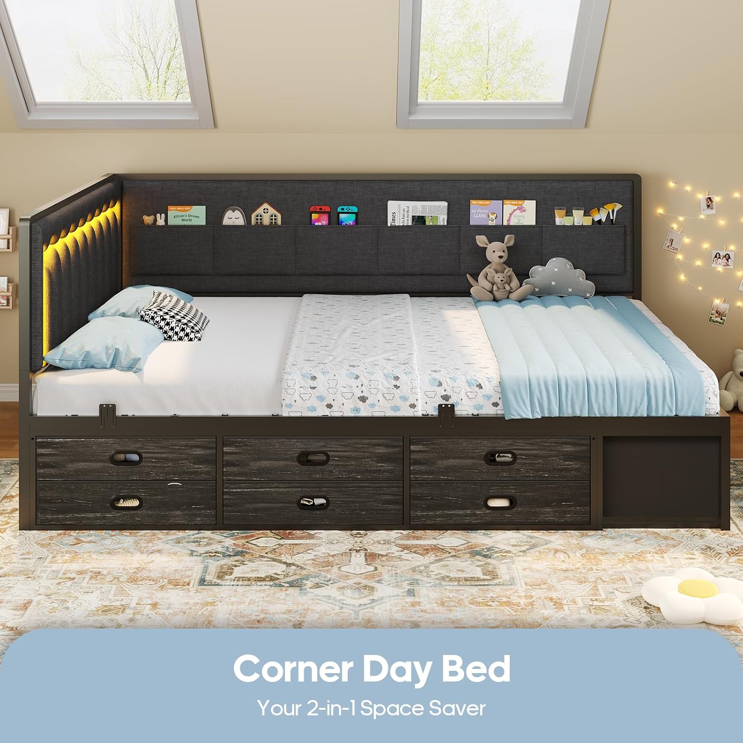 ADORNEVE Full Corner Bed Frame with 8 Drawers, 6 Storage Pockets, Full Daybed with Storage and RGB Wave Lights, Platform Bed with L-Shaped Upholstered Guardrail for Kids Teen,Grey