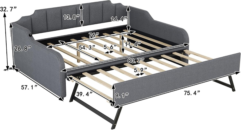 Daybed with Trundle and USB Charging Design, Full Size Upholstery Day Bed Frame, Trundle can be Flat or erected,Grey