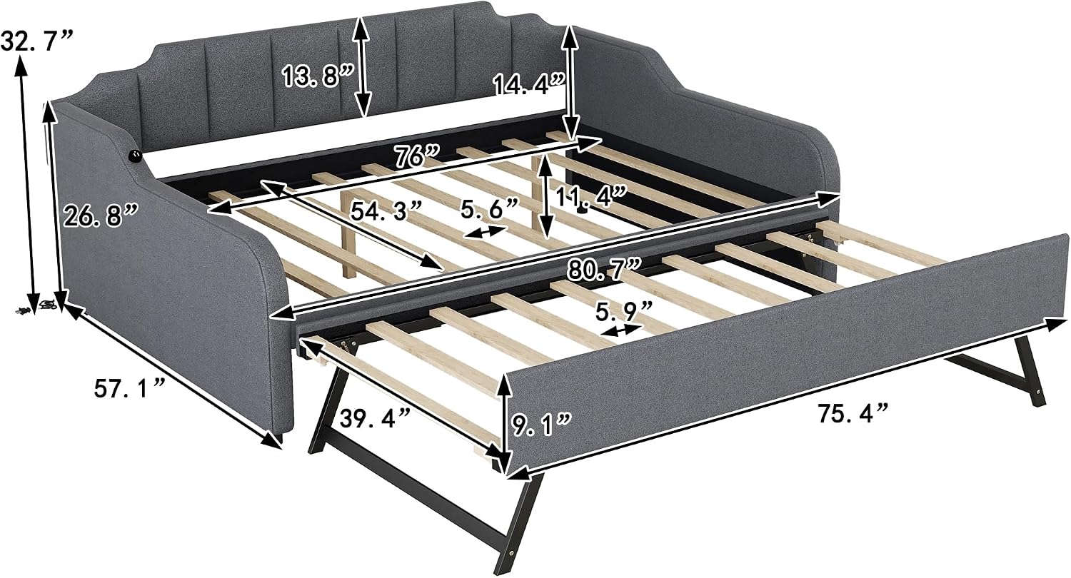 Daybed with Trundle and USB Charging Design, Full Size Upholstery Day Bed Frame, Trundle can be Flat or erected,Grey