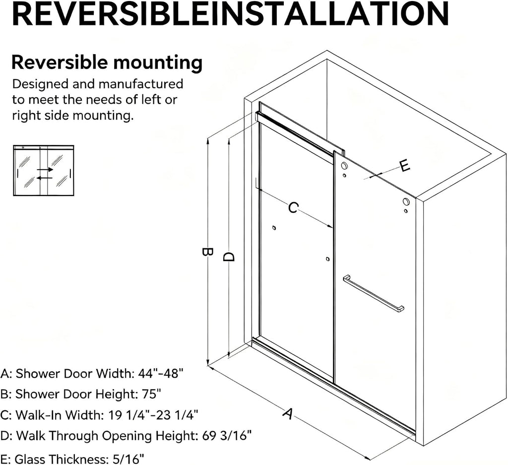 Findepot 44'-48' W x 75' H Frameless Shower Door, Double Sliding Shower Door,5/16'(8mm) Clear Tempered Glass,Stainless Steel Hardware,Brushed Gold
