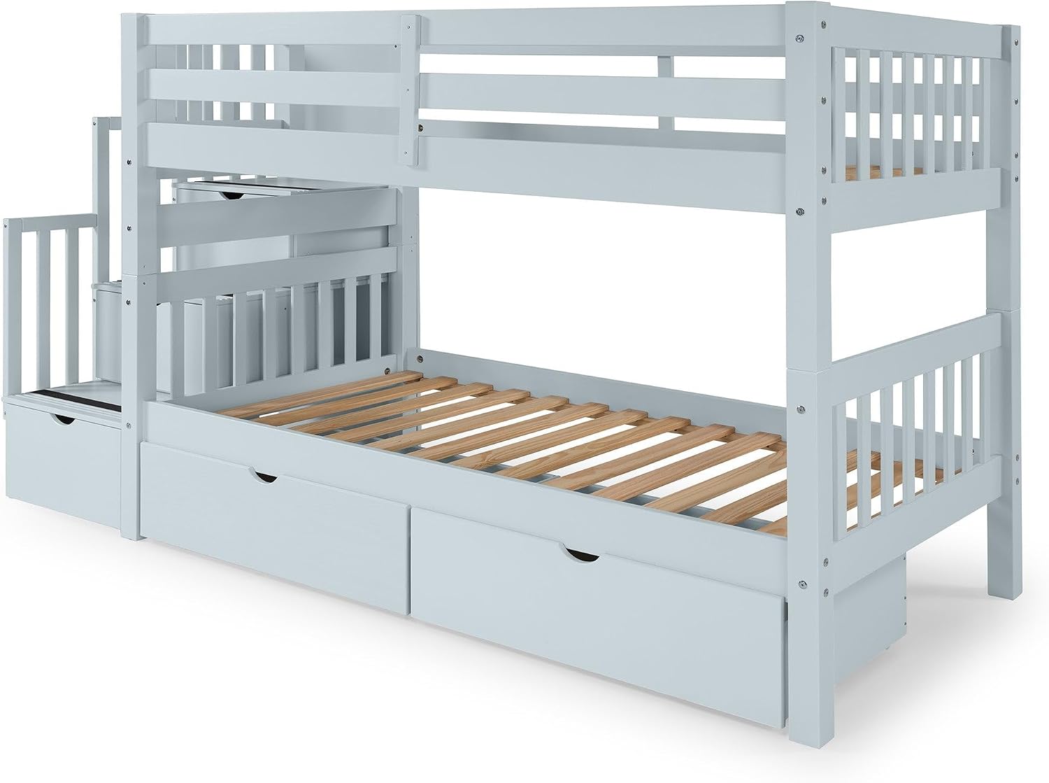 Bedz King Stairway Bunk Beds Twin Over Twin, 3 Step Drawers, 2 Storage Drawers, Breezy Blue