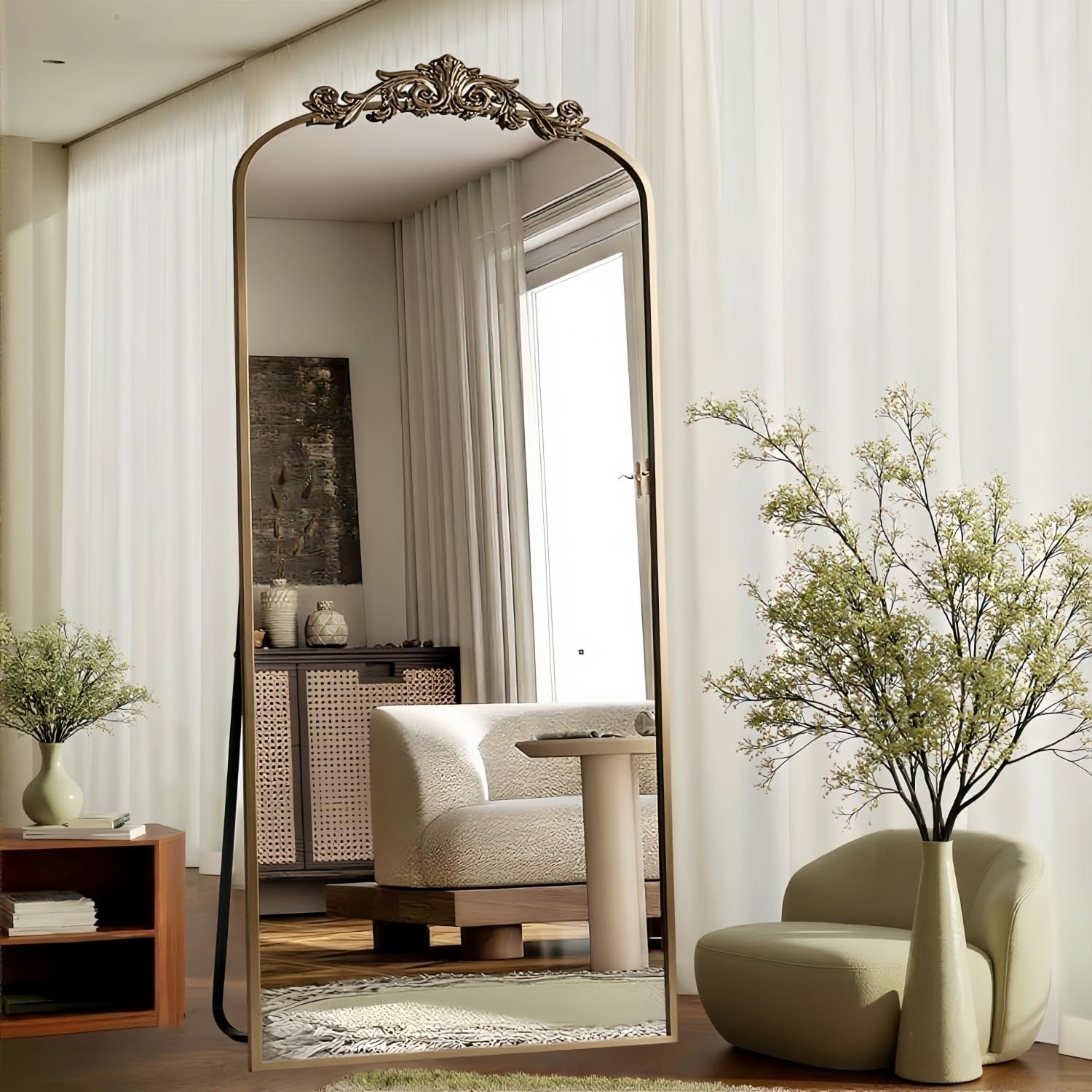 Dewfig Arched Full Length Mirror, 71'x28' Full Body Mirrors with Carved, Floor Mirror for HomeDecor, Standing/Halling Large Wall Mirror for Bedroom, Living Room, Cloakroom, Bronze, Retro Style