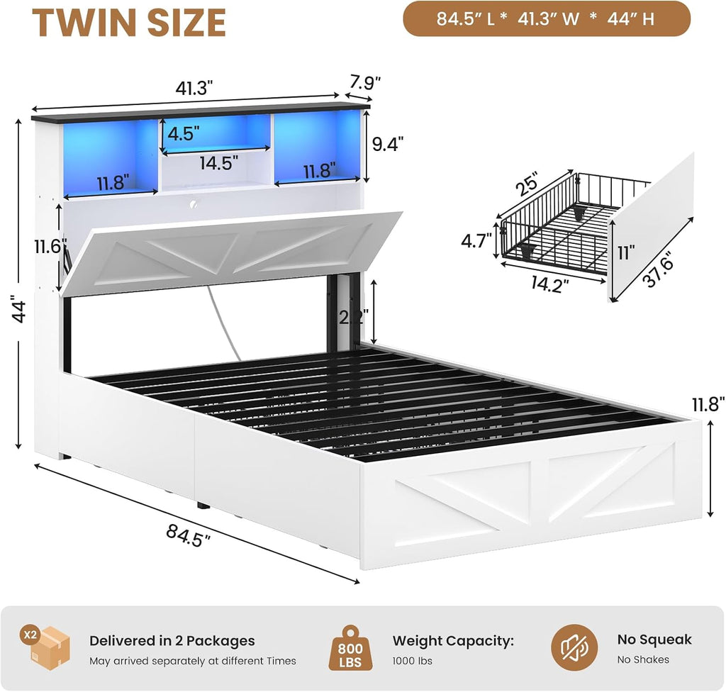 AOGLLATI Twin Bed with Storage Bookcase Headboard and 4 Drawers,Wooden Farmhouse Twin Bed Frame with Charging Station, Led Lights & Metal Slats,White