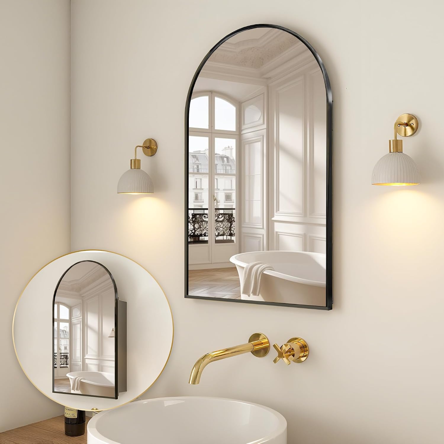 Arched Medicine Cabinet Mirror No Assembly Needed Bathroom Mirror with Storage Recessed or Surface Mount Options (Black, 31.5' L x 19.7' W)