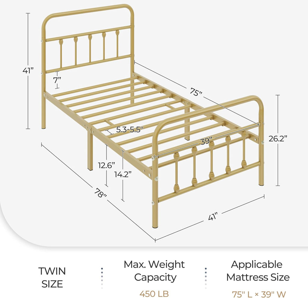 Yaheetech 2Pcs Twin Size Metal Platform Bed Frame with Victorian Style Iron-Art Headboard/Footboard/Under Bed Storage/No Box Spring Needed Antique Gold