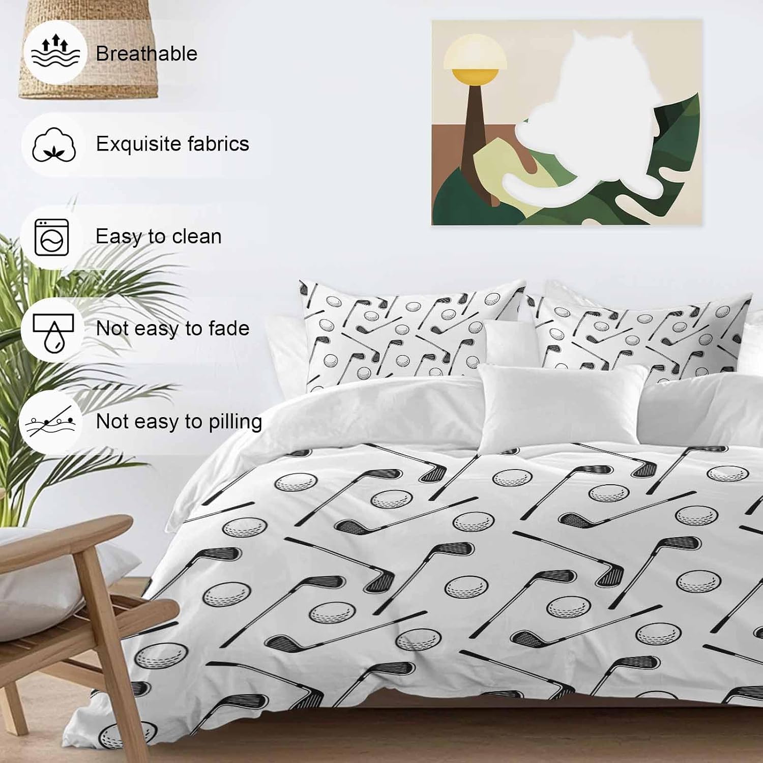 Golf Balls Duvet Cover Set Queen Size 4 Pieces Retro Sports Style Golf Poles Minimalist Modern Bedding Set with Zipper Closure, 1 Comforter Cover 90x92 Inches 1 Flat Sheet & 2 Pillow Cases