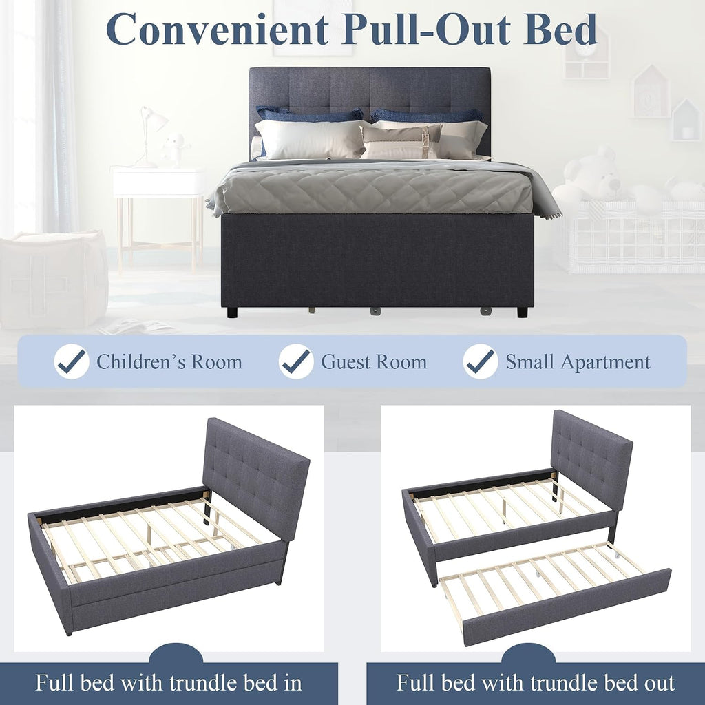 civama Full Bed with Trundle, Upholstered Full Over Twin Pull Out Platform Bed with Soft Linen Headboard & Wooden Slat Support for Bedroom Apartment, No Box Spring Needed, Grey