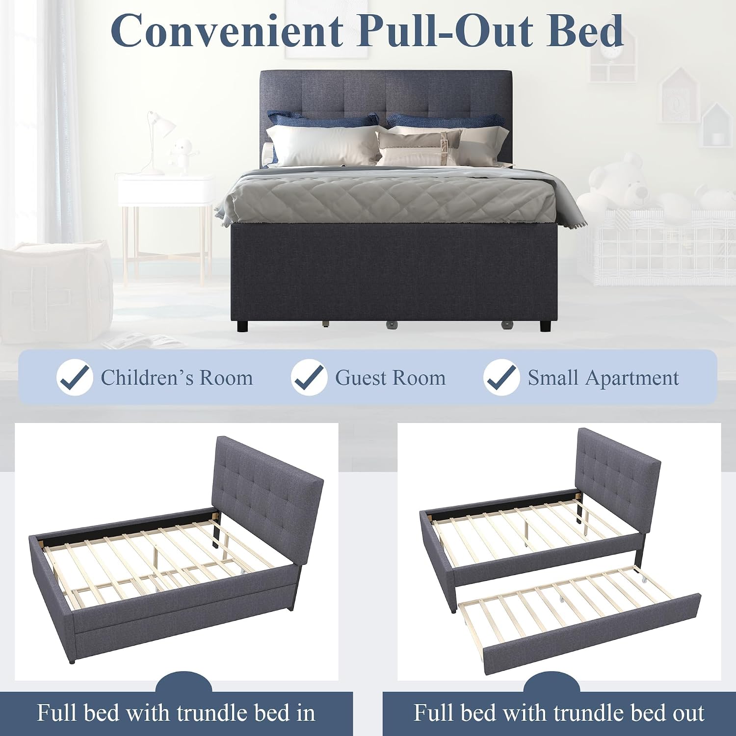 civama Full Bed with Trundle, Upholstered Full Over Twin Pull Out Platform Bed with Soft Linen Headboard & Wooden Slat Support for Bedroom Apartment, No Box Spring Needed, Grey
