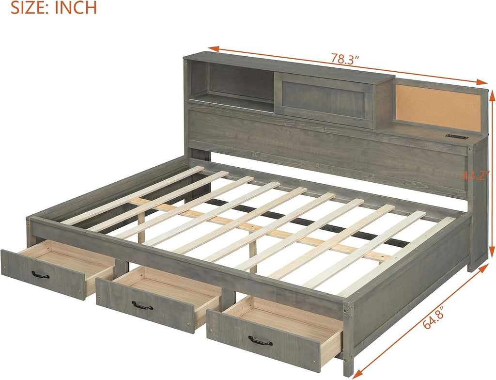 Wooden Daybed with 3 Storage Drawers, Upper Soft Board, Shelf, and a Set of Sockets and USB Ports, Full Size, Gray