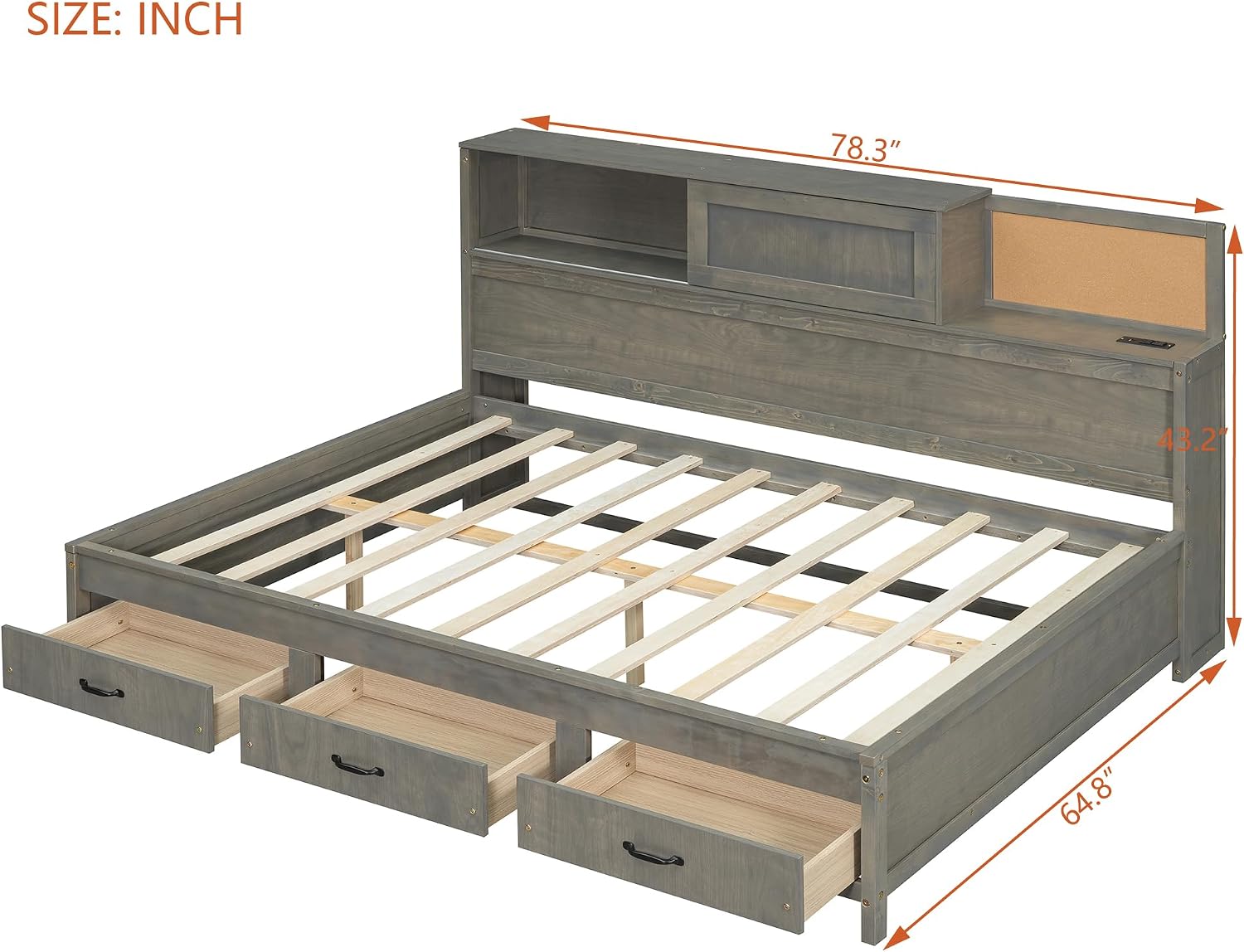 Wooden Daybed with 3 Storage Drawers, Upper Soft Board, Shelf, and a Set of Sockets and USB Ports, Full Size, Gray