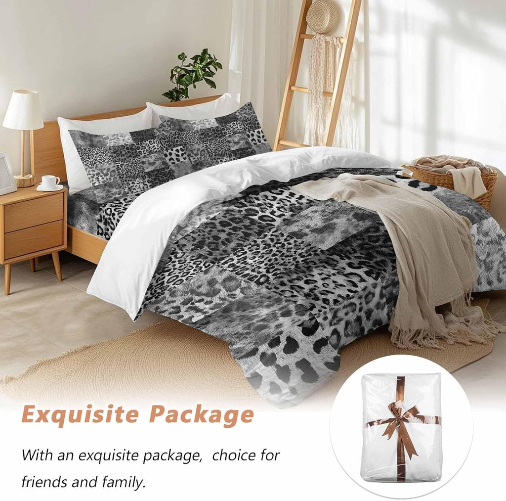 Vintage Black Leopard Duvet Cover Set Queen Size 4 Pieces Animal Print Patchwork Style Art Painting Bedding Set with Zipper Closure, 1 Comforter Cover 92x106 Inches 1 Flat Sheet & 2 Pillow Cases