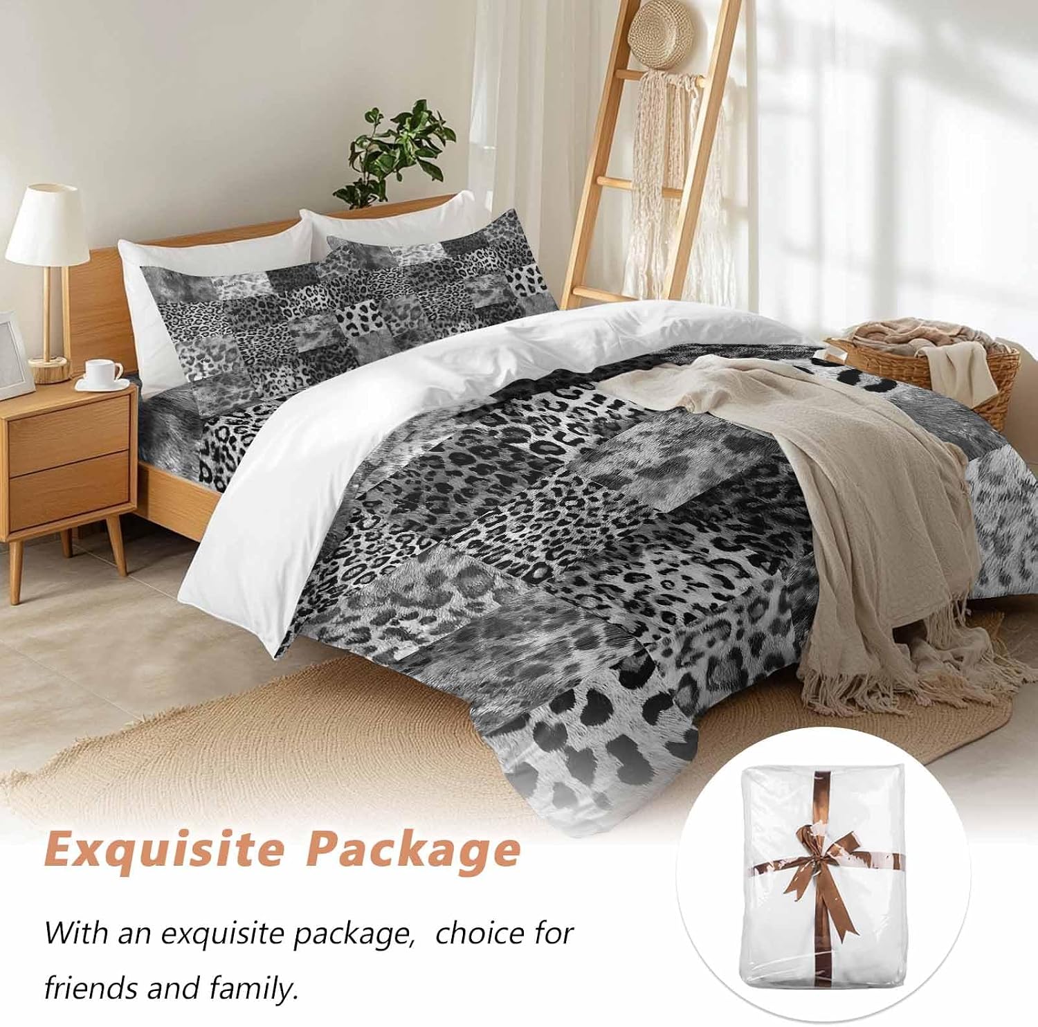 Vintage Black Leopard Duvet Cover Set Queen Size 4 Pieces Animal Print Patchwork Style Art Painting Bedding Set with Zipper Closure, 1 Comforter Cover 92x106 Inches 1 Flat Sheet & 2 Pillow Cases