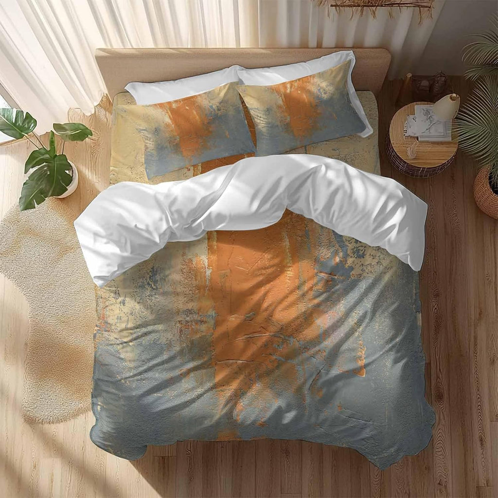 Abstract Art Duvet Cover Set Queen Size 4 Pieces Orange Grey Wall Mottled Texture Minimalist Modern Bedding Set with Zipper Closure, 1 Comforter Cover 86x86 Inches 1 Flat Sheet & 2 Pillow Cases