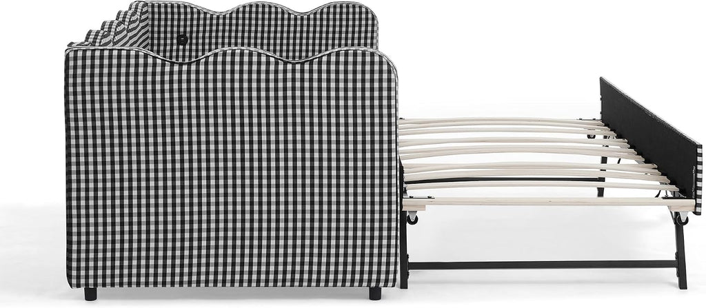 Twin to King Daybed with Trundle, USB Ports Soft Upholstered Daybed with Pop Up Trundle Bed Twin , Modern Extendable Day Bed Frame for Kids Bedroom Living Room Guest Room Small Places Geometric Black