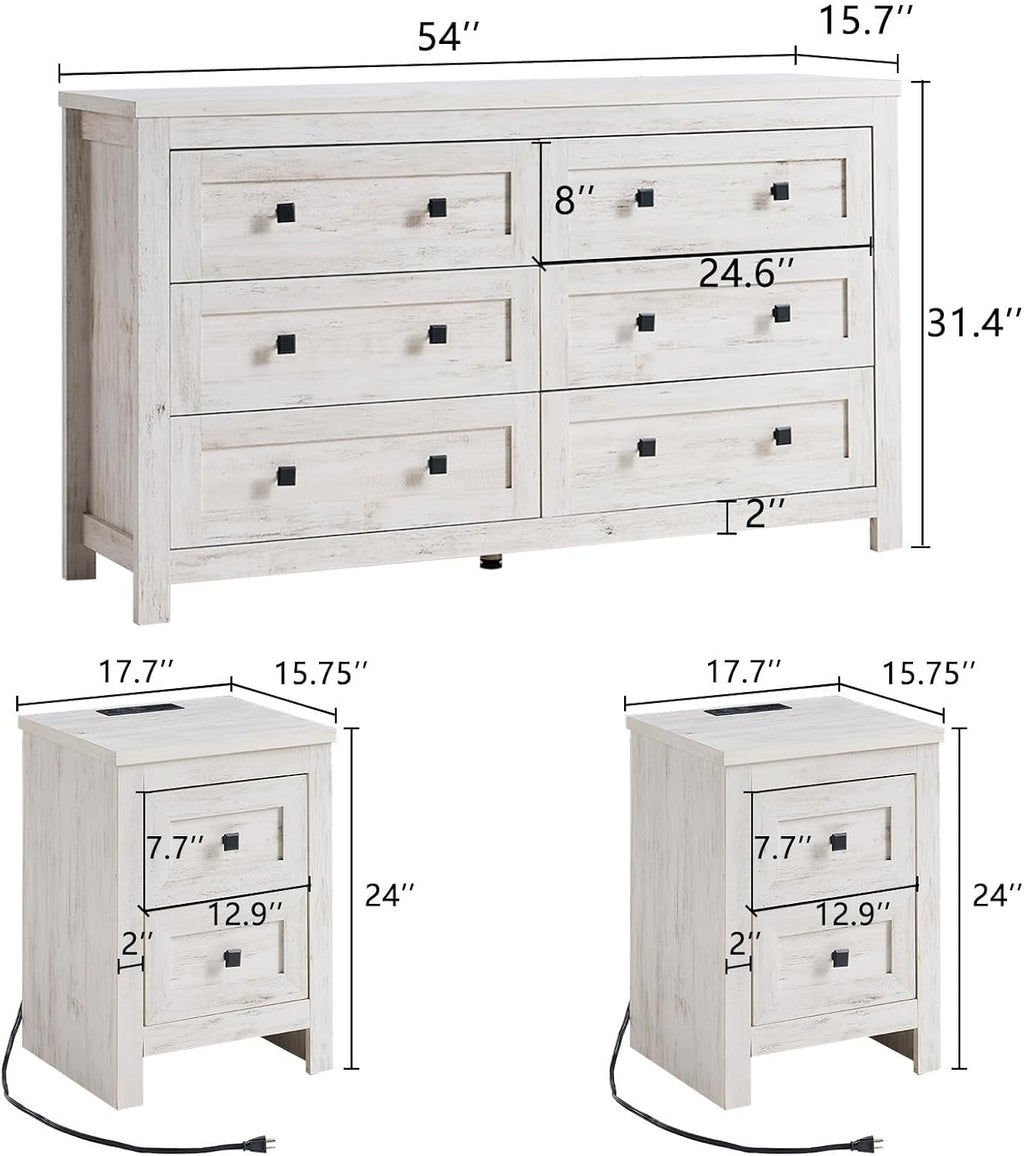 LUXOAK Bedroom Dresser and Nightstand 3 Piece Set, 1 X Wood Rustic 6 Drawer Storage Dresser, 2 X Farmhouse Nightstand with Charging Station, Farmhouse Bedroom Furniture Set, Rustic White