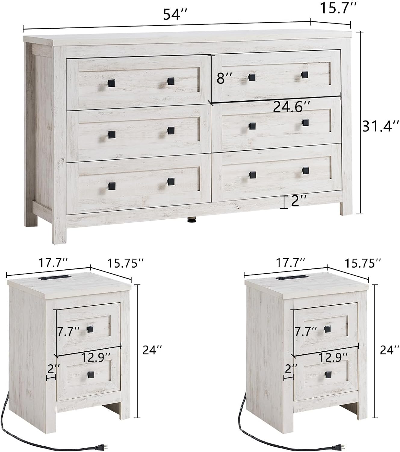 LUXOAK Bedroom Dresser and Nightstand 3 Piece Set, 1 X Wood Rustic 6 Drawer Storage Dresser, 2 X Farmhouse Nightstand with Charging Station, Farmhouse Bedroom Furniture Set, Rustic White