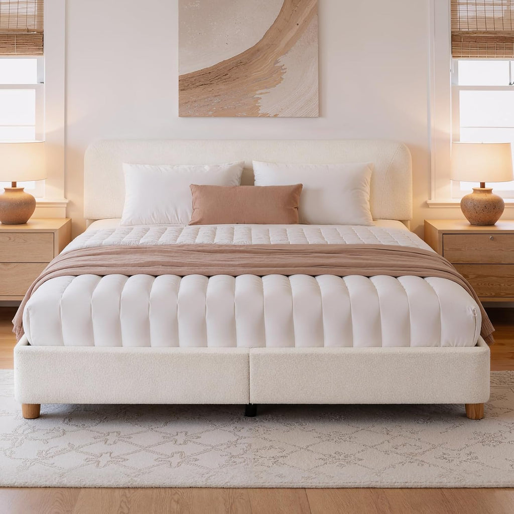 King Size Cloud Bed Frame, Upholstered Boucle Bed Frame with Adjustable Headboard, Solid Wood Legs, Rounded Corners Design & Easy Assembly – Modern Platform Bed,Cream