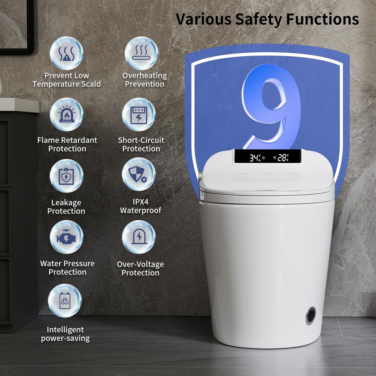Smart Toilet with Elongated Bidet, Auto Open & Close, Auto Flush,Warm water massage, Heated Seat,Movement Drying, Night Light, Wireless Remote Control.