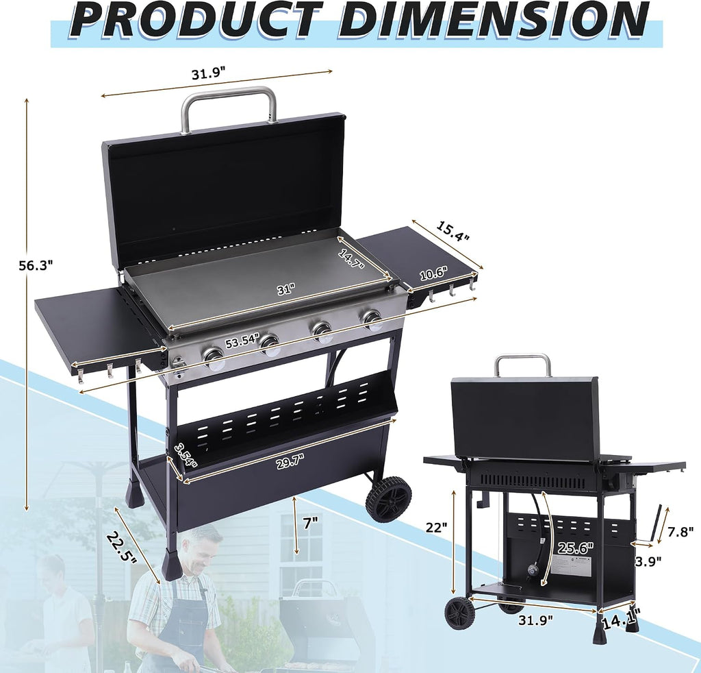 TITIMO 4-Burner Propane Gas Griddle with Removable Standing Cart and Enameled Cast Iron Pan, Portable Barbecue Grill with Side Tables and Spice Rack, Outdoor Gas BBQ for Patio and Party, 32,000 BTU