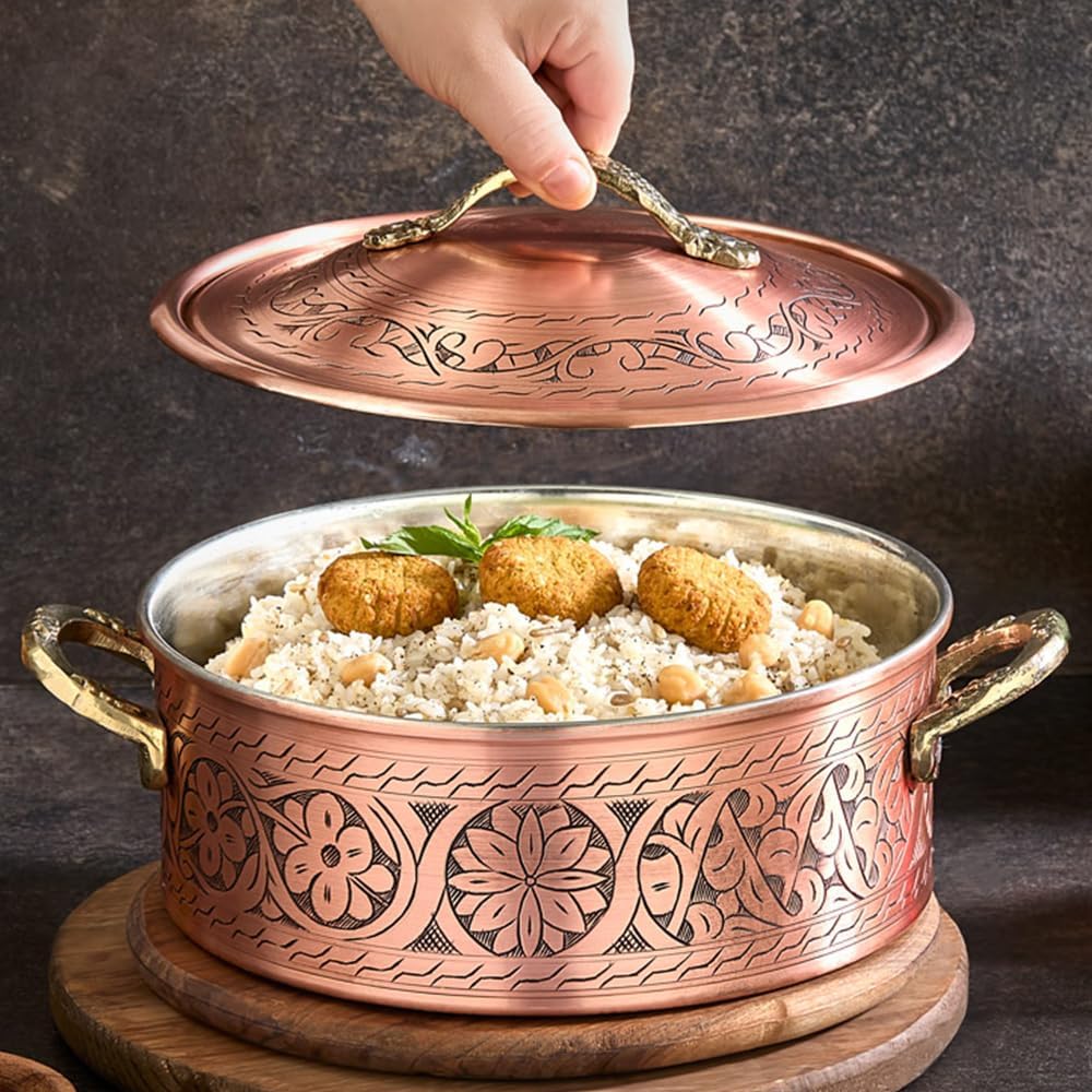 Vintage 100% Pure Solid Copper Hammered Handmade Engraved Cookware Cooking Stew Pot Braiser Lid Pan Oven Fancy Serving Nonstick Handle Non Stick Decorative Kitchen Decor Indian Turkish (3 Quarts)