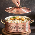 Vintage 100% Pure Solid Copper Hammered Handmade Engraved Cookware Cooking Stew Pot Braiser Lid Pan Oven Fancy Serving Nonstick Handle Non Stick Decorative Kitchen Decor Indian Turkish (3 Quarts)