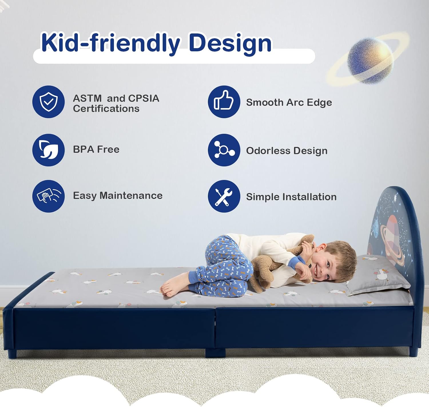 Costzon Twin Bed Frames for Kids, Wood Upholstered Twin Bed Platform with Slat Support, Padded Headboard&Footboard, No Box Spring Needed, Easy Assembly, Fits Standard Twin Mattress (Planet)