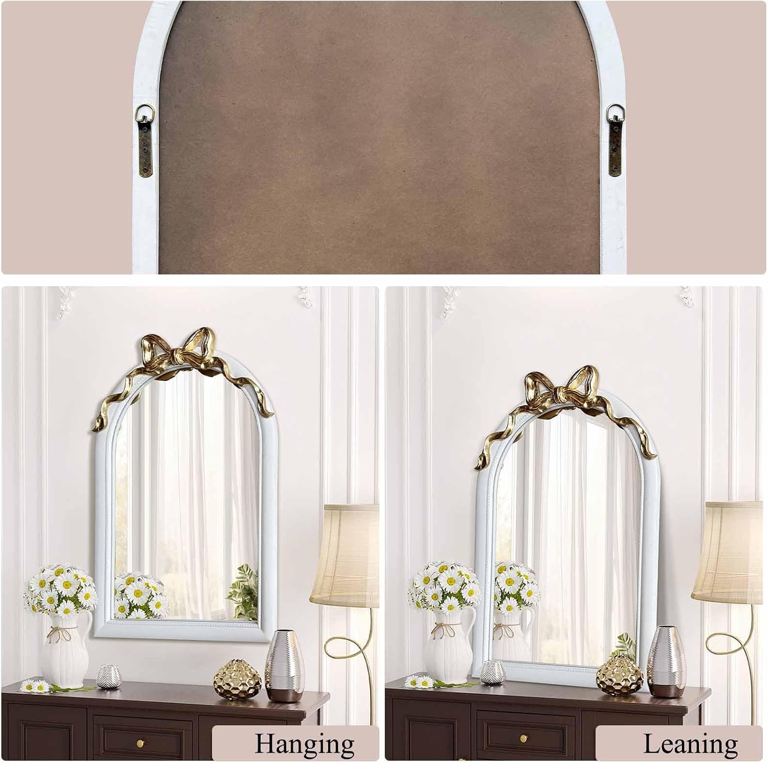 36x24 Arched White Bow Wall Mirror with Gold Ribbon, Vintage Vanity Mirror for Bedroom & Nursery Decor, Cute Coquette Aesthetic Engineered Wood Frame, Shabby Chic Style