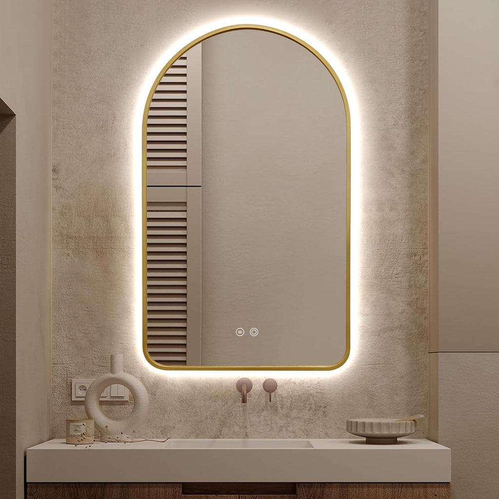 Arched LED Bathroom Mirror, 40'x24' Arch Backlit Mirror with Light Vanity Mirror for Wall Gold Frame, Anti-Fog, 3 Colors, Dimmable, Adjustable Brightness, Memory Function, IP65 Waterproof, Vertical