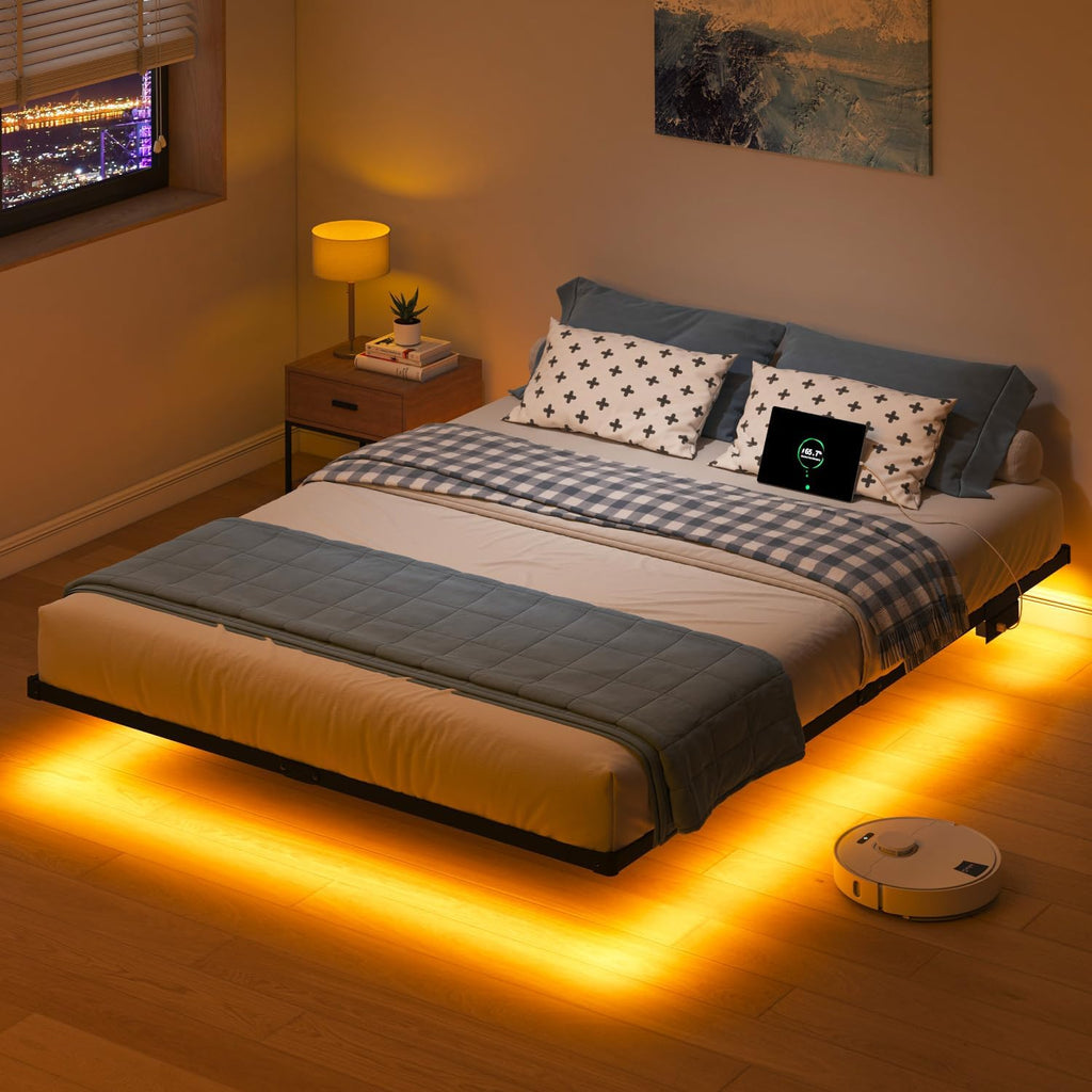 HAVONIZD Queen Floating Bed Frame with LED Lights and Charging Station - 10 inch Platform Bed Frame No Box Spring Needed, Easy Assembly
