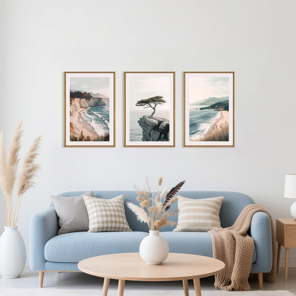 Celestdeco Amalfi Coastal Beach Framed Canvas Wall Art Set, Summer Ocean Wall Decor, Southwestern Beach Wall Painting, Ocean Seascape Art Prints for Living Room, Bedroom, Dining Room-24'x36'x3