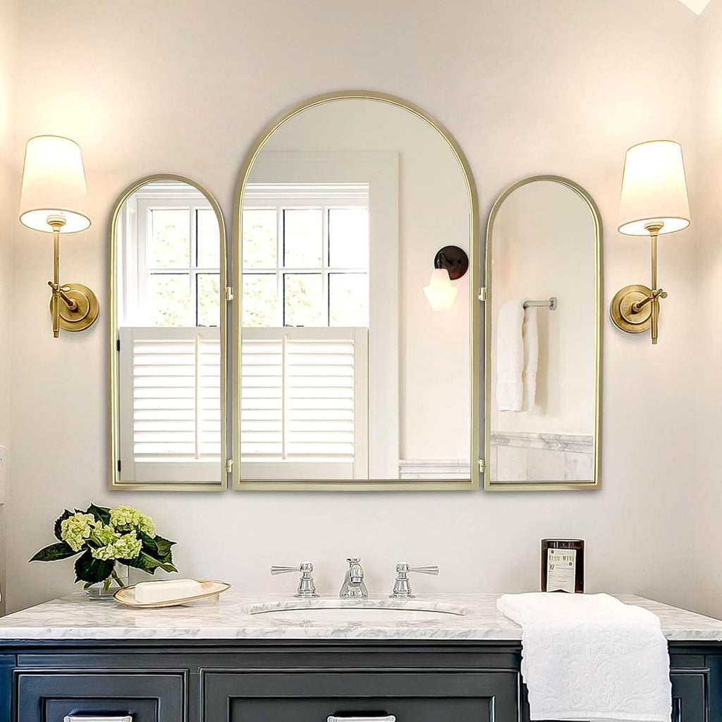 BAODANFU Trifold Vanity Mirrors 3 Way, 30 x 37in Adjustable Vanity Mirrors for Bathroom, Bedroom, Champaign Golden Arch Mirrors Wall Mounted Decoration, Braiding Hair, Makeup 360° Way