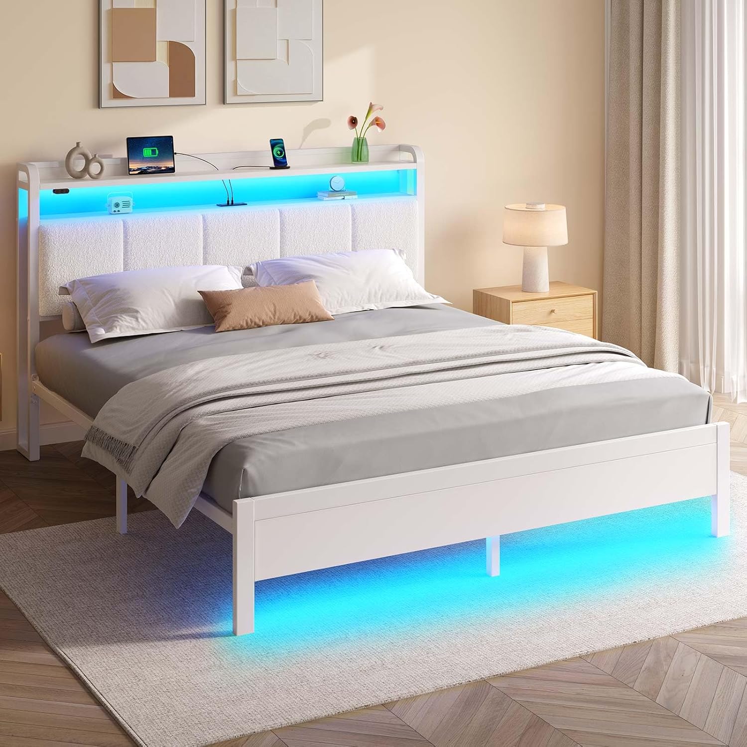 Rolanstar Bed Frame Queen Size with Charging Station and LED Lights, Upholstered Headboard with Storage Shelves, Heavy Duty Metal Slats, No Box Spring Need, Noise Free, Easy Assembly, White